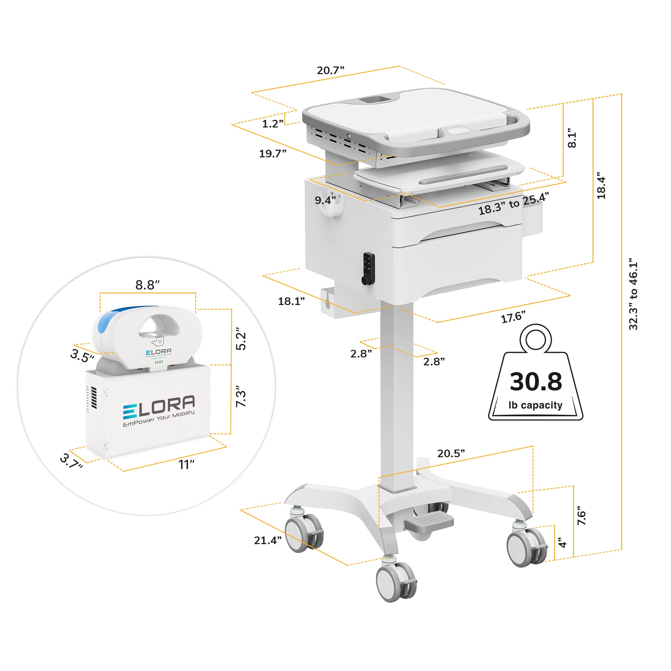 MedHub Powered Mobile Workstation with Drawers