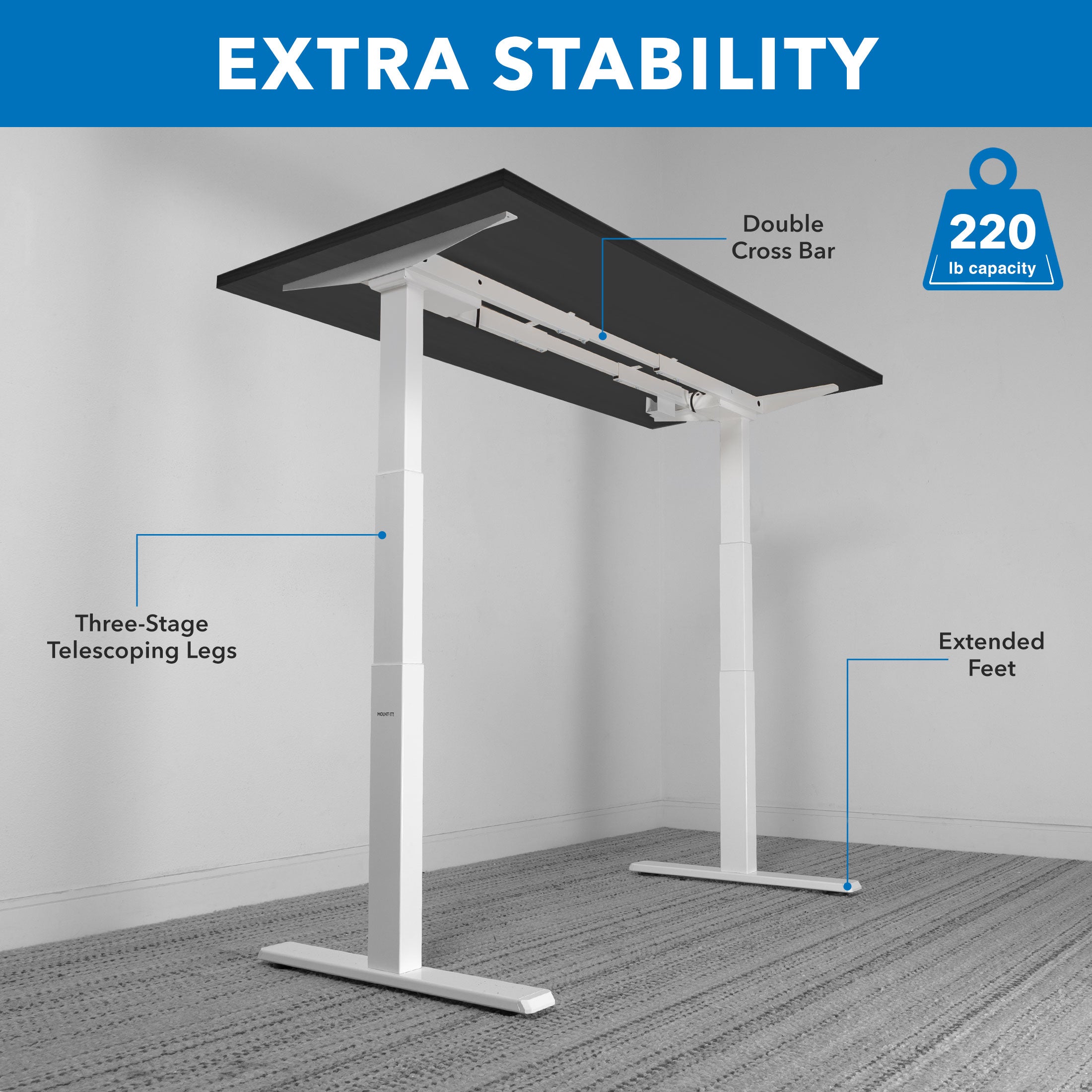 Ultimate Dual Motor Electric Stranding Desk with 55" Tabletop - White Base/Black Top