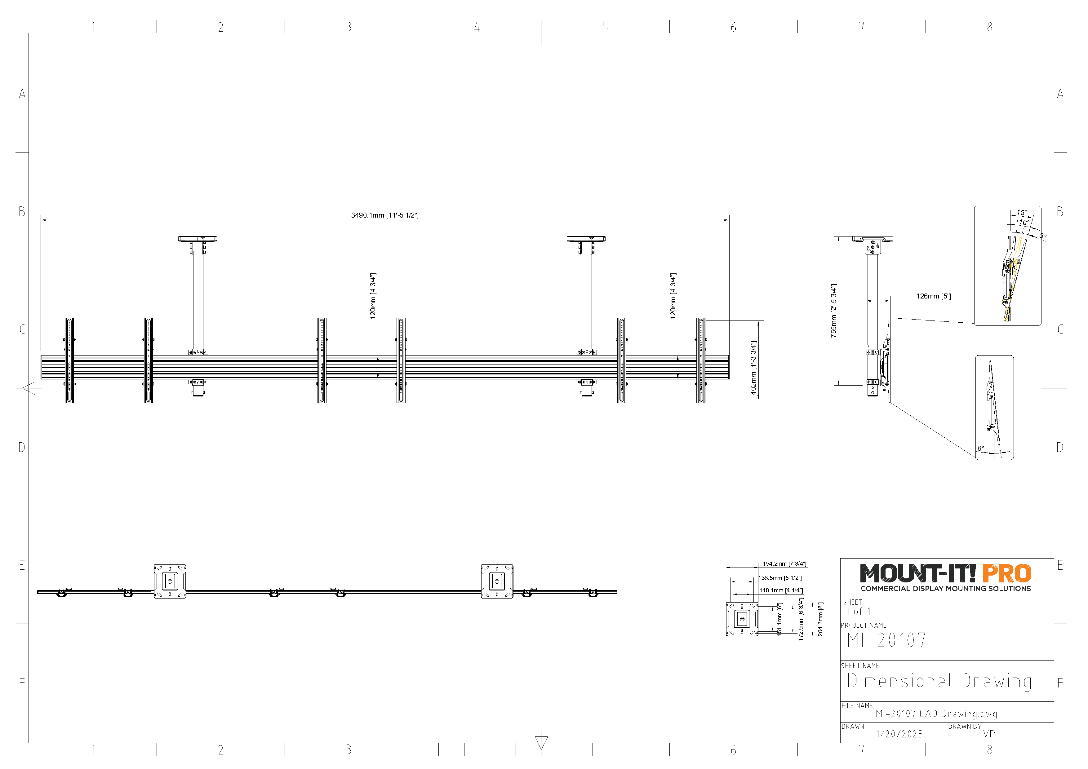 Triple-Screen Dual-Pole Ceiling Mount (Side-by-Side)