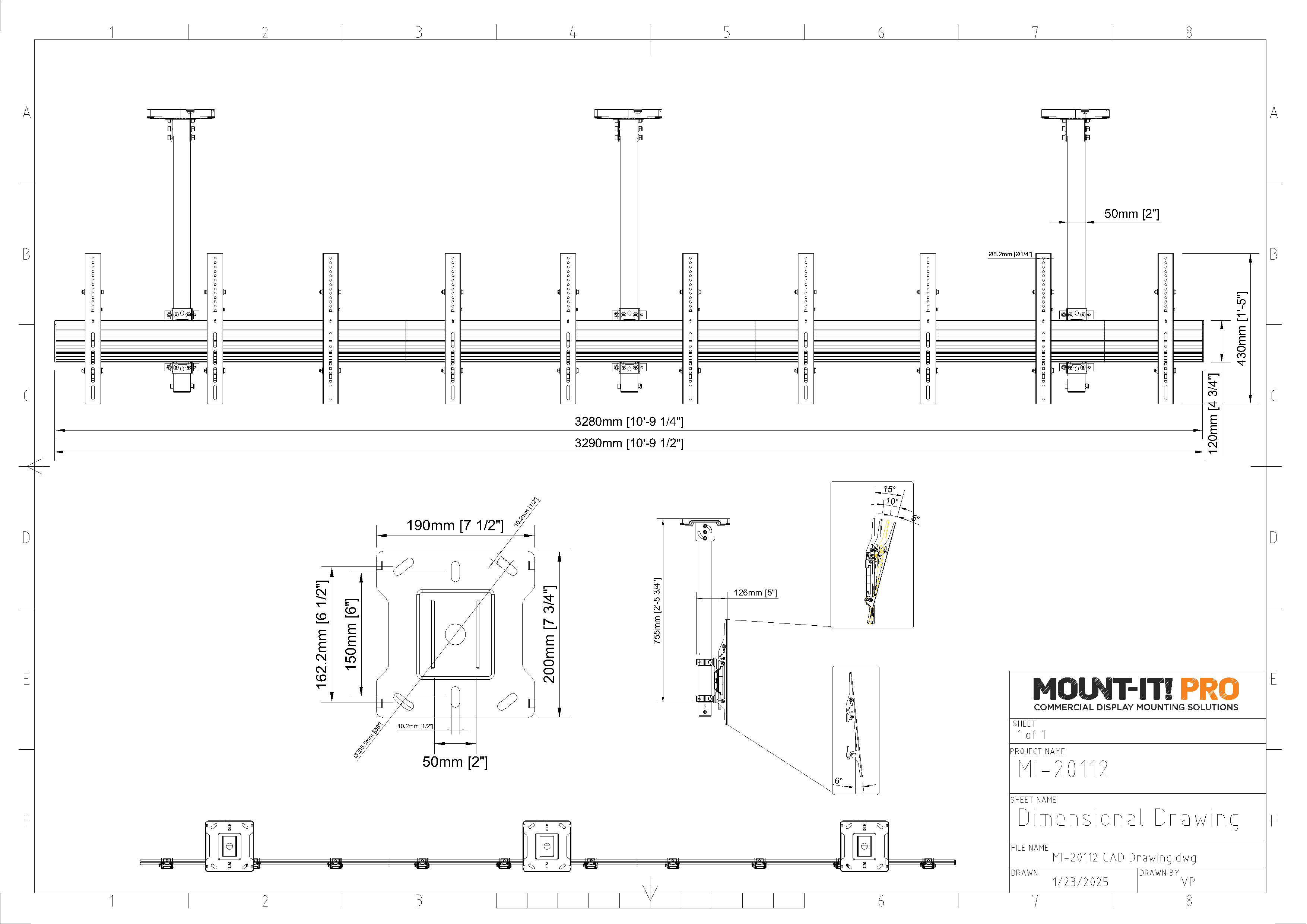Five-Screen Three-Pole Ceiling Mount (Side-by-Side) - Portrait