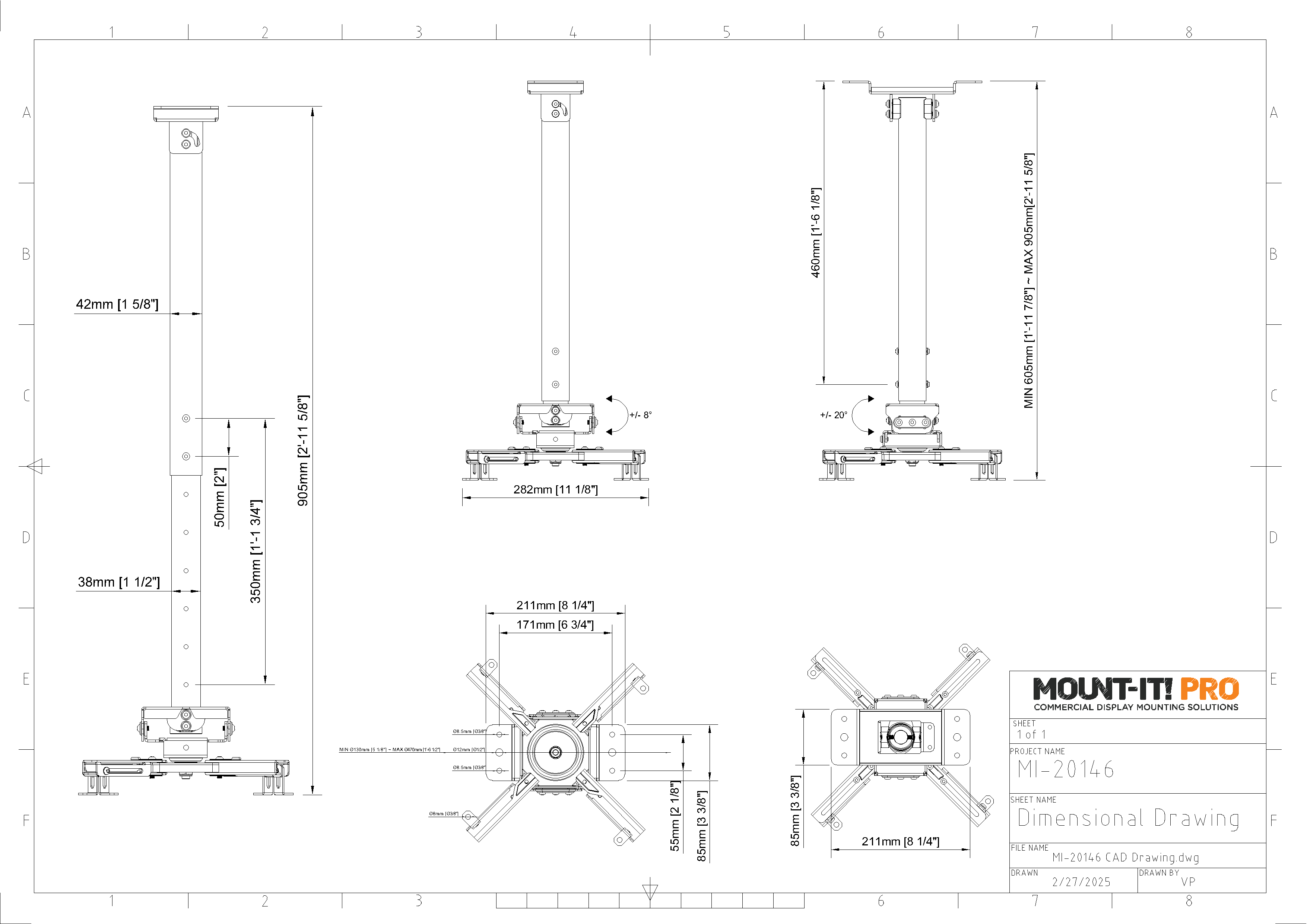Heavy-Duty Projector Ceiling Mount (23.8"-35.6" Extension)