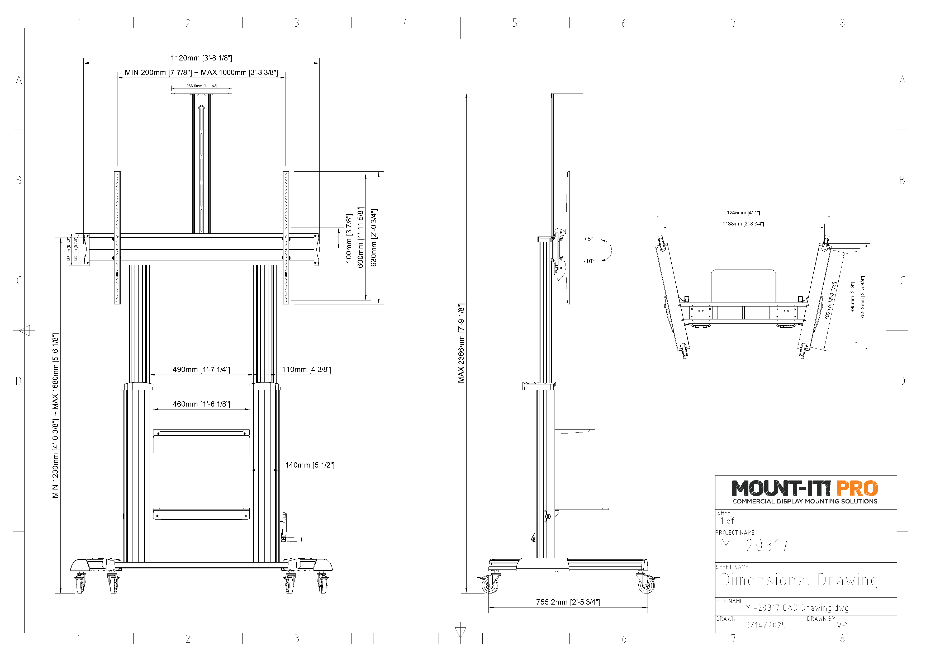 Heavy-Duty AV Cart with Height-Adjustable Hand Crank