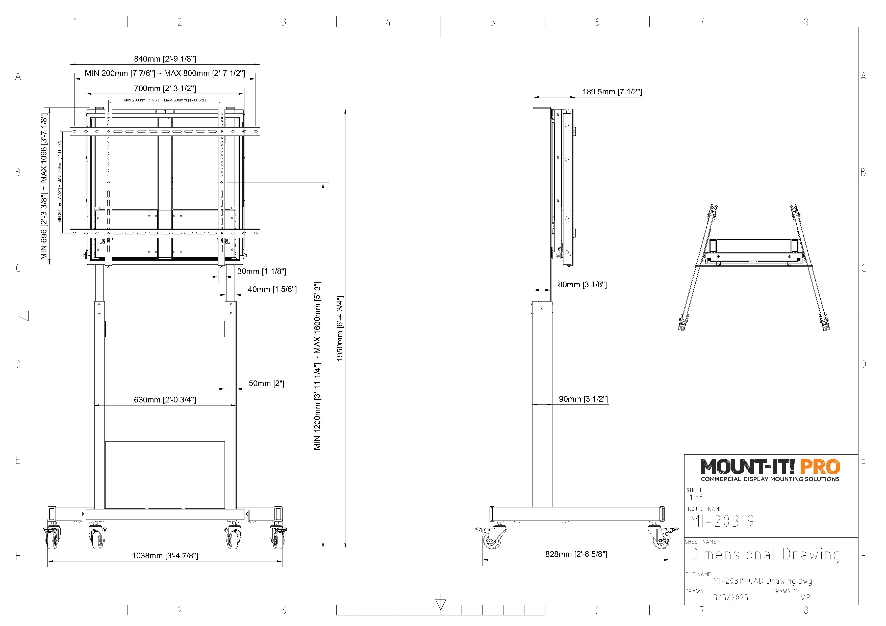Height Adjustable Counterbalance AV Cart for Interactive Displays 60” - 100”