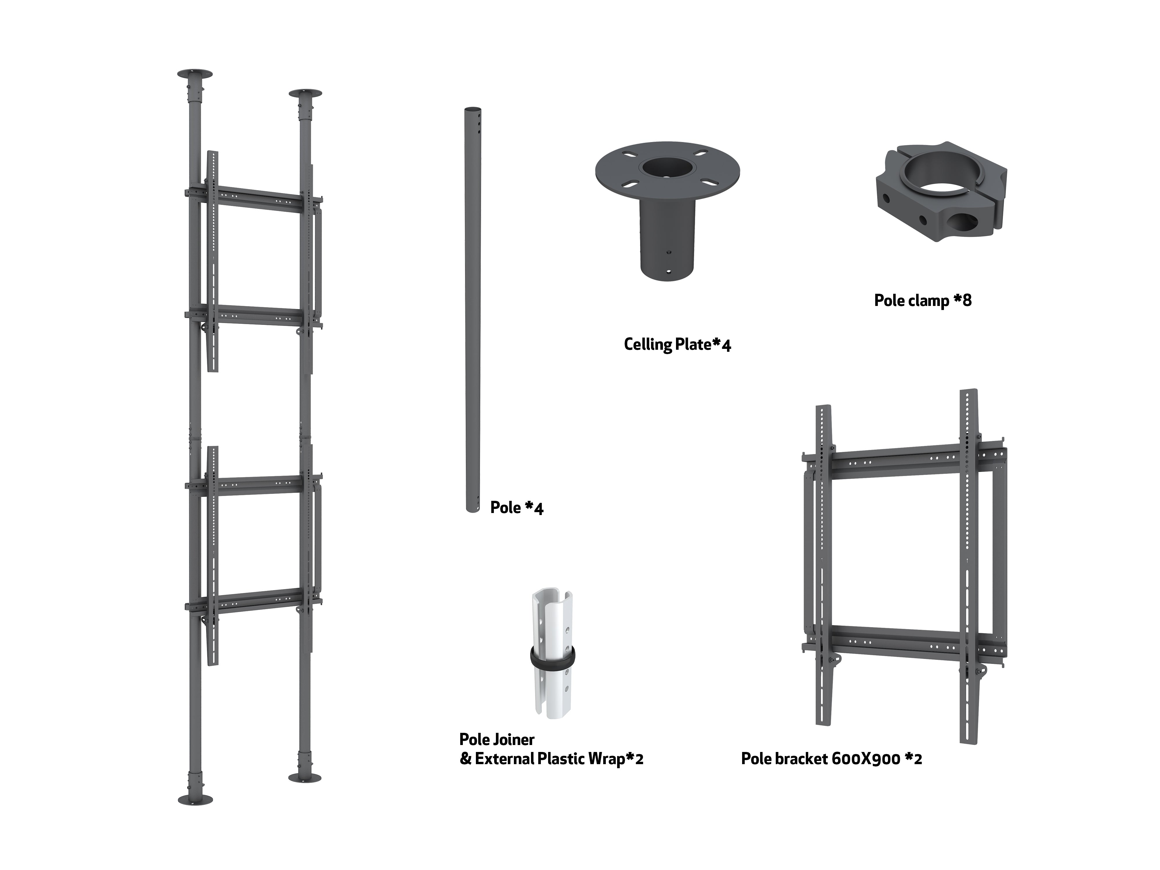 Heavy-Duty Dual-Screen Dual-Pole Floor-to-Ceiling Mount Portrait (Top-to-Bottom)