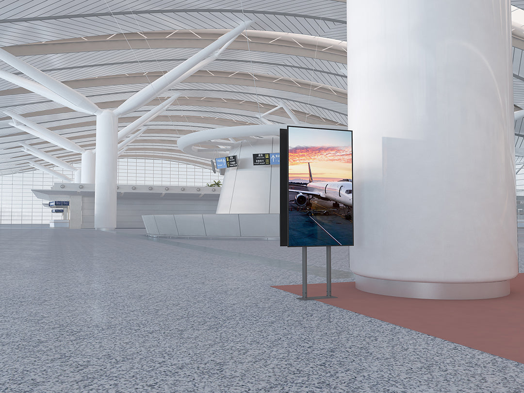 Dual-Screen Dual-Pole Floor Stand with Bolt-Down Base - Back-to-Back Tilt Mounting Bracket
