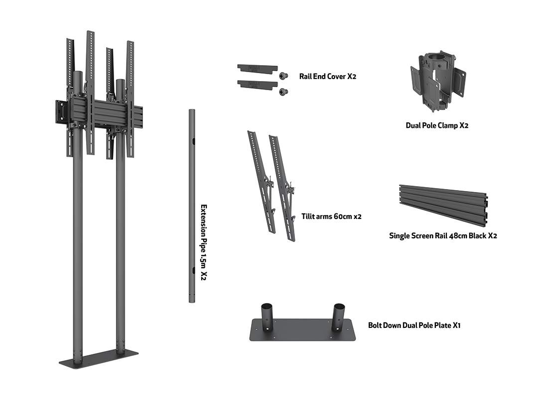 Dual-Screen Dual-Pole Floor Stand with Bolt-Down Base - Back-to-Back Tilt Mounting Bracket