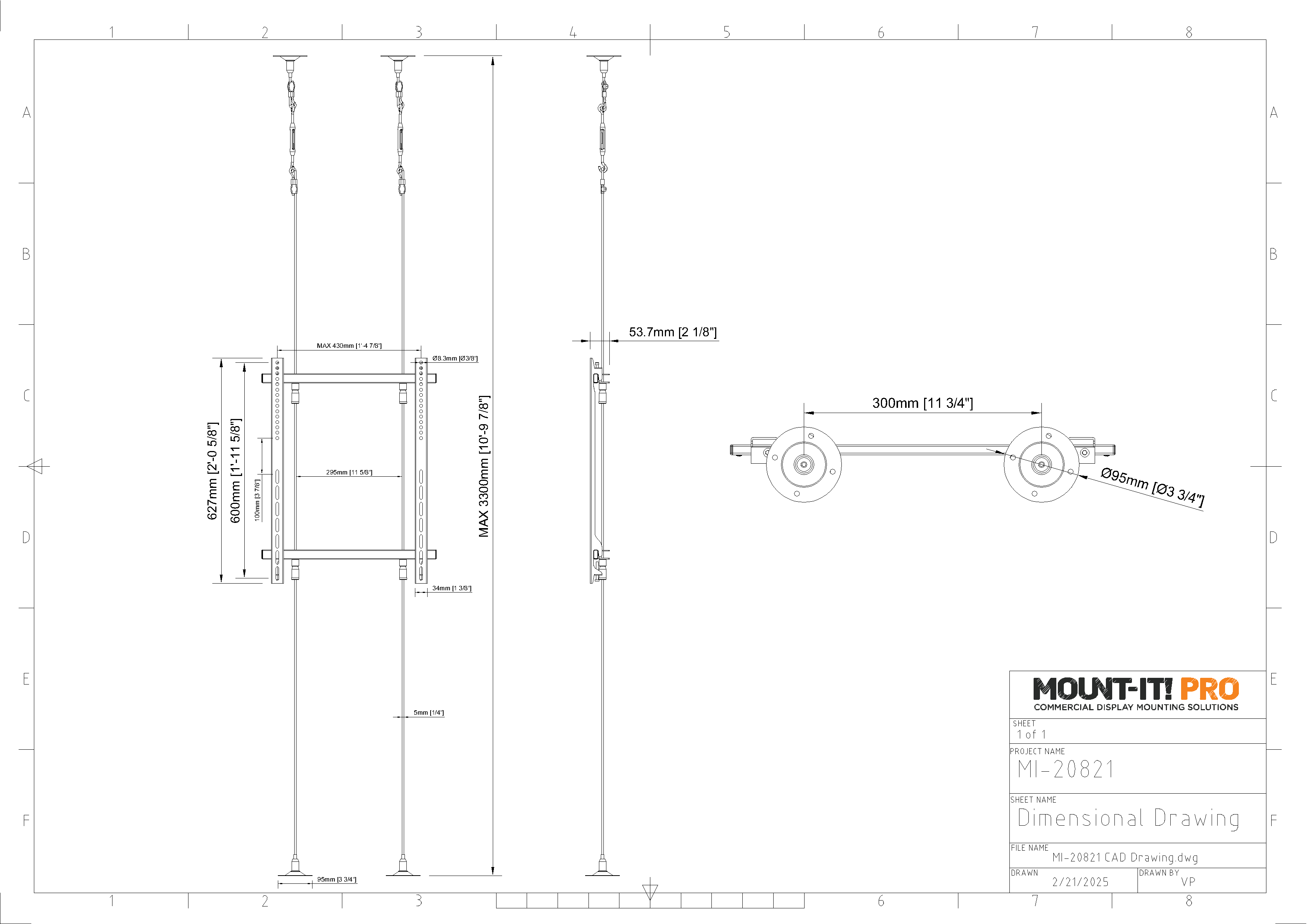 Single-Screen Wire-Supported Floor-to-Ceiling Mount- 3000mm