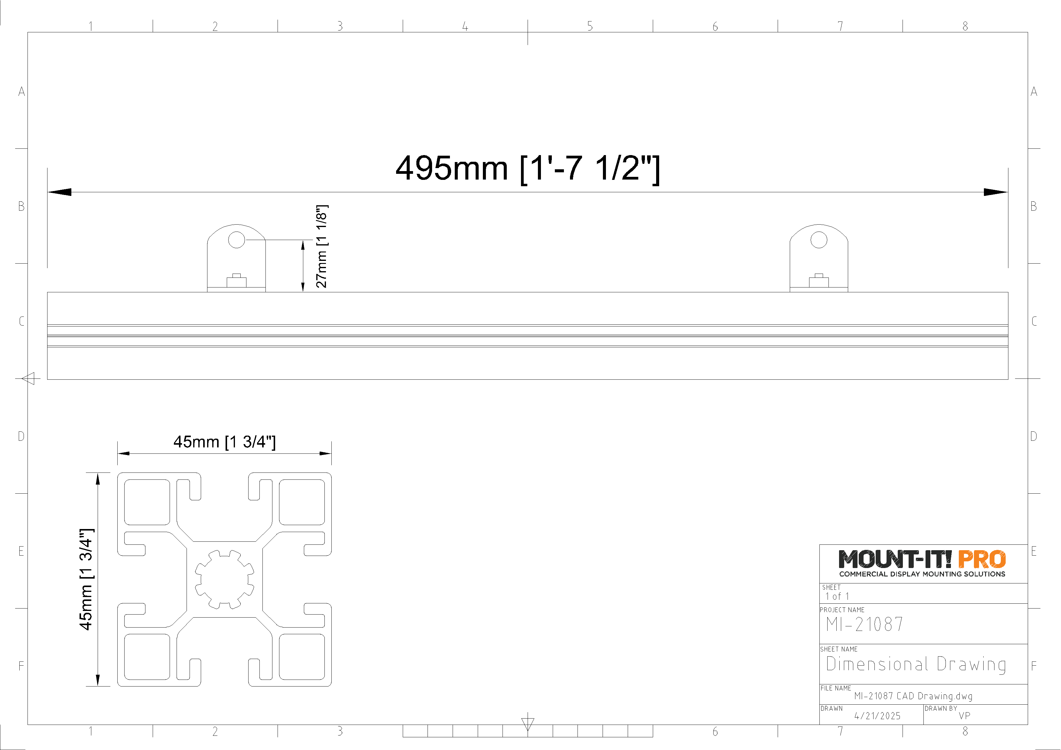 Wall Mount Crossbar for Series 2 - 495mm, 19.5" (2pcs/set)