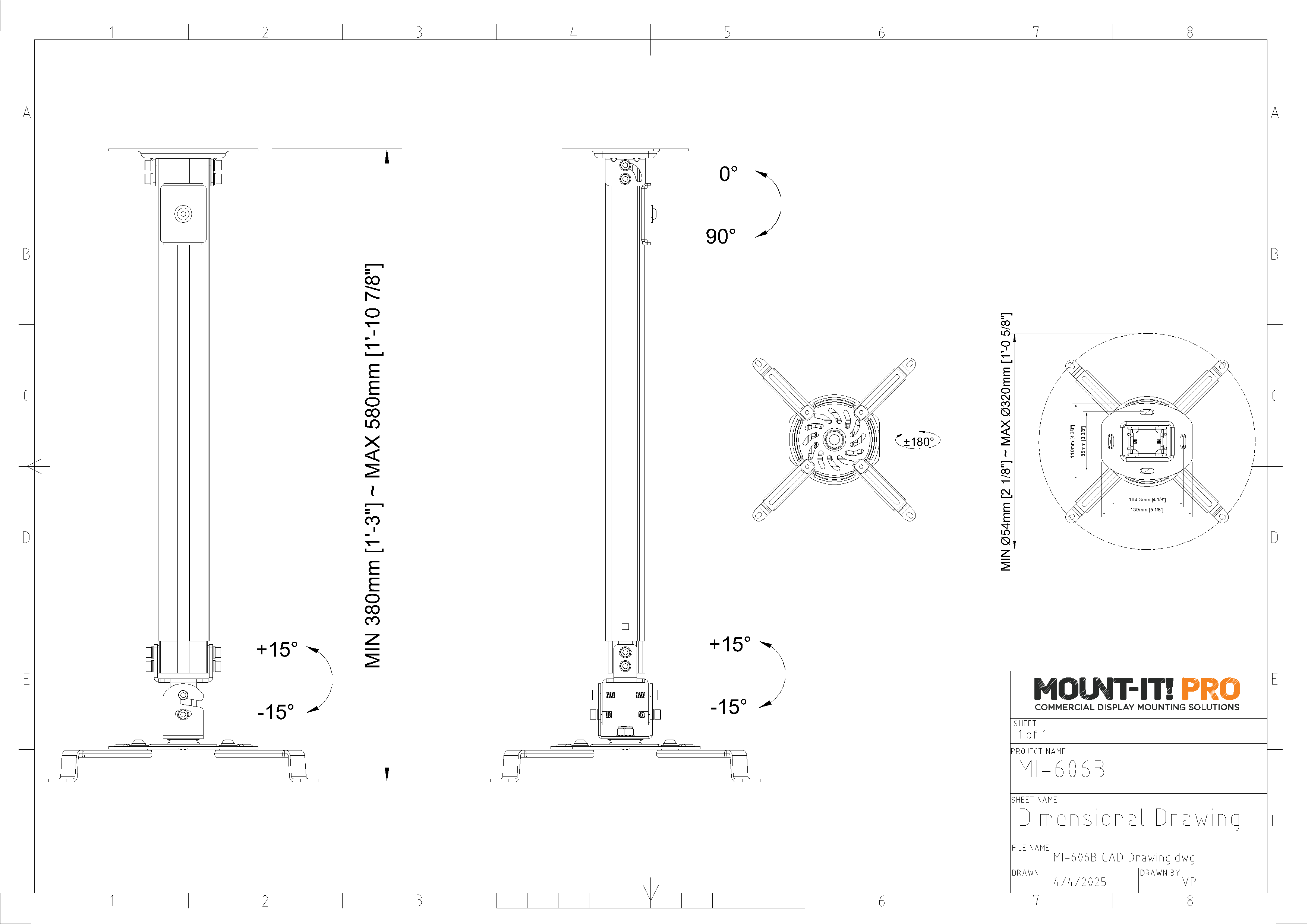 Light-Duty Extended Universal Projector Ceiling Mount - 15" to 22.8"