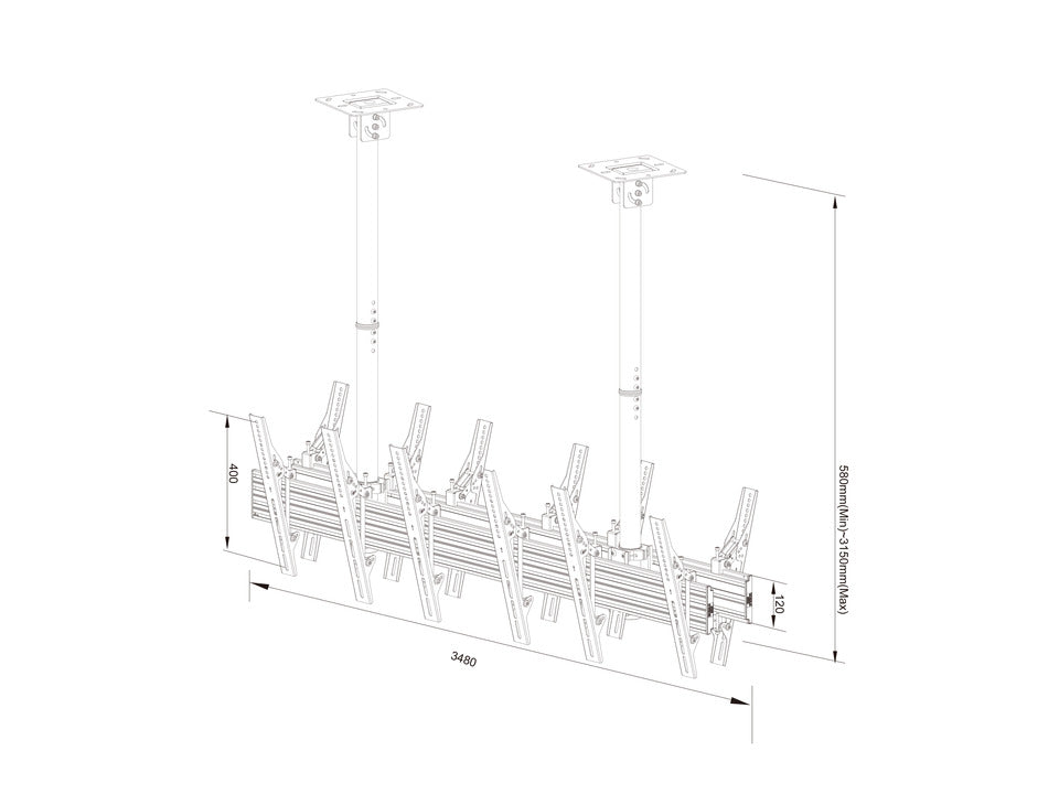 Six-Screen Dual-Pole Ceiling Mount (3 Side-by-Side, 3 Back-to-Back)