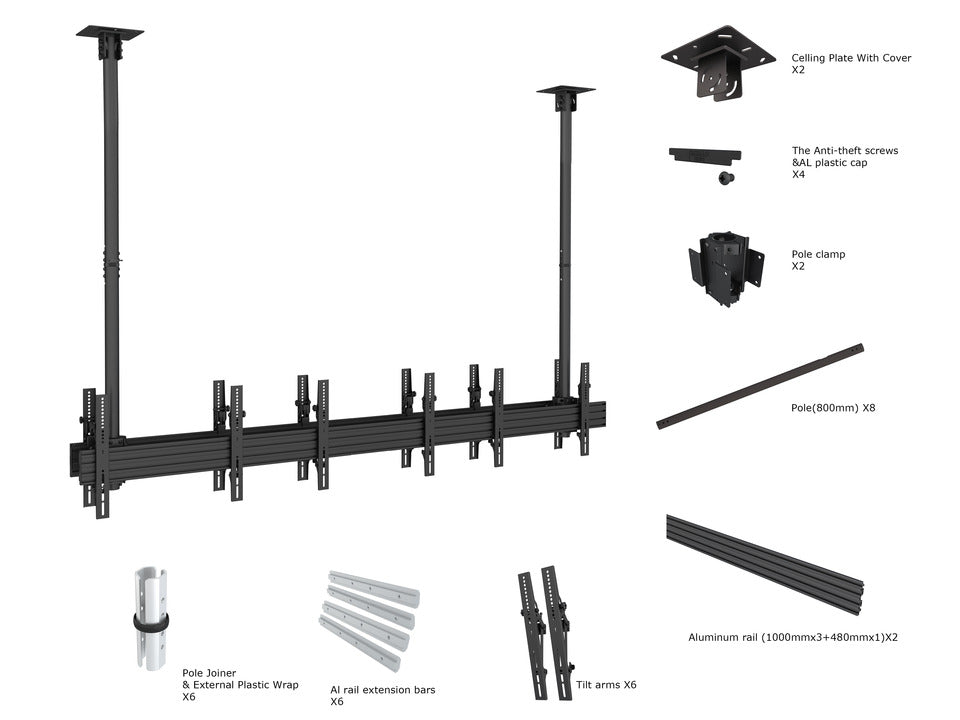 Six-Screen Dual-Pole Ceiling Mount (3 Side-by-Side, 3 Back-to-Back)