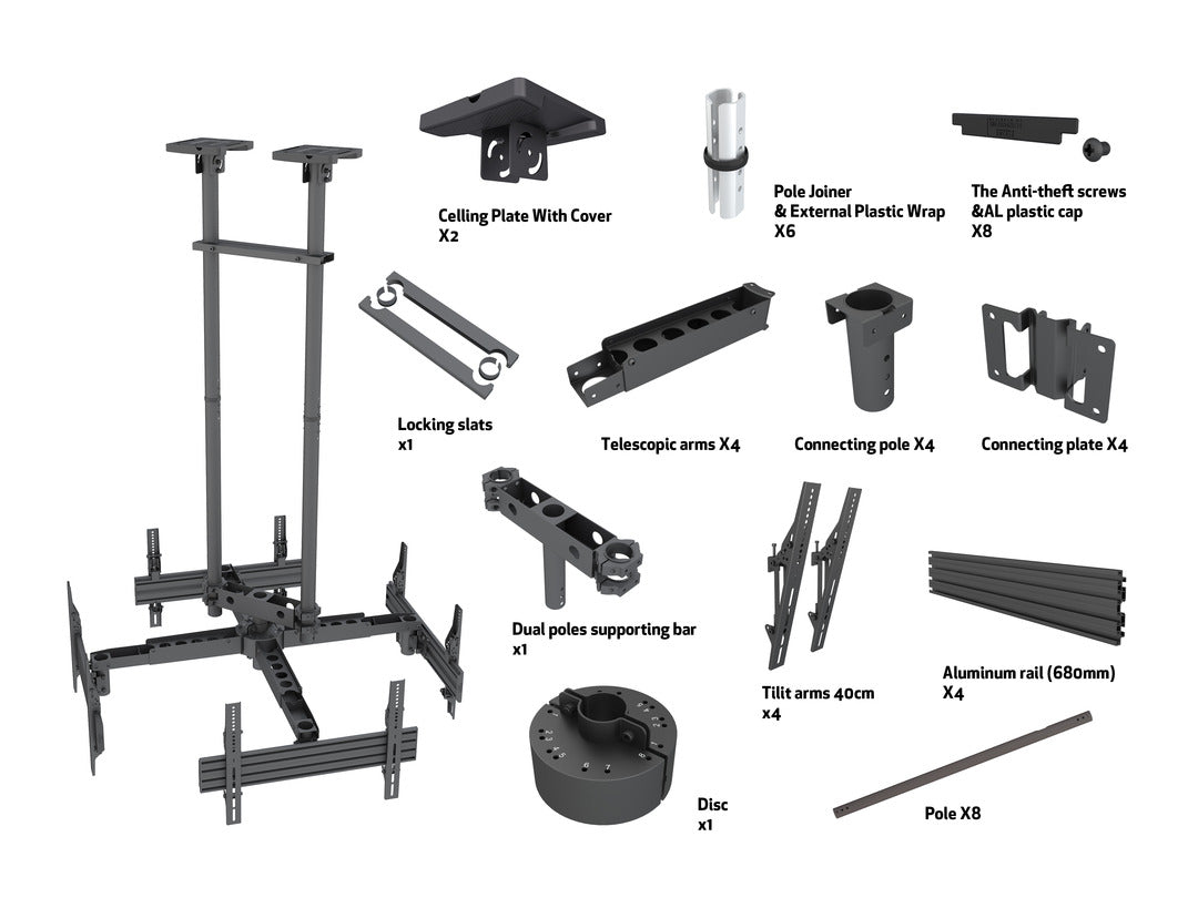 Heavy-Duty Quad-Screen Four-Side Dual-Pole Ceiling Mount