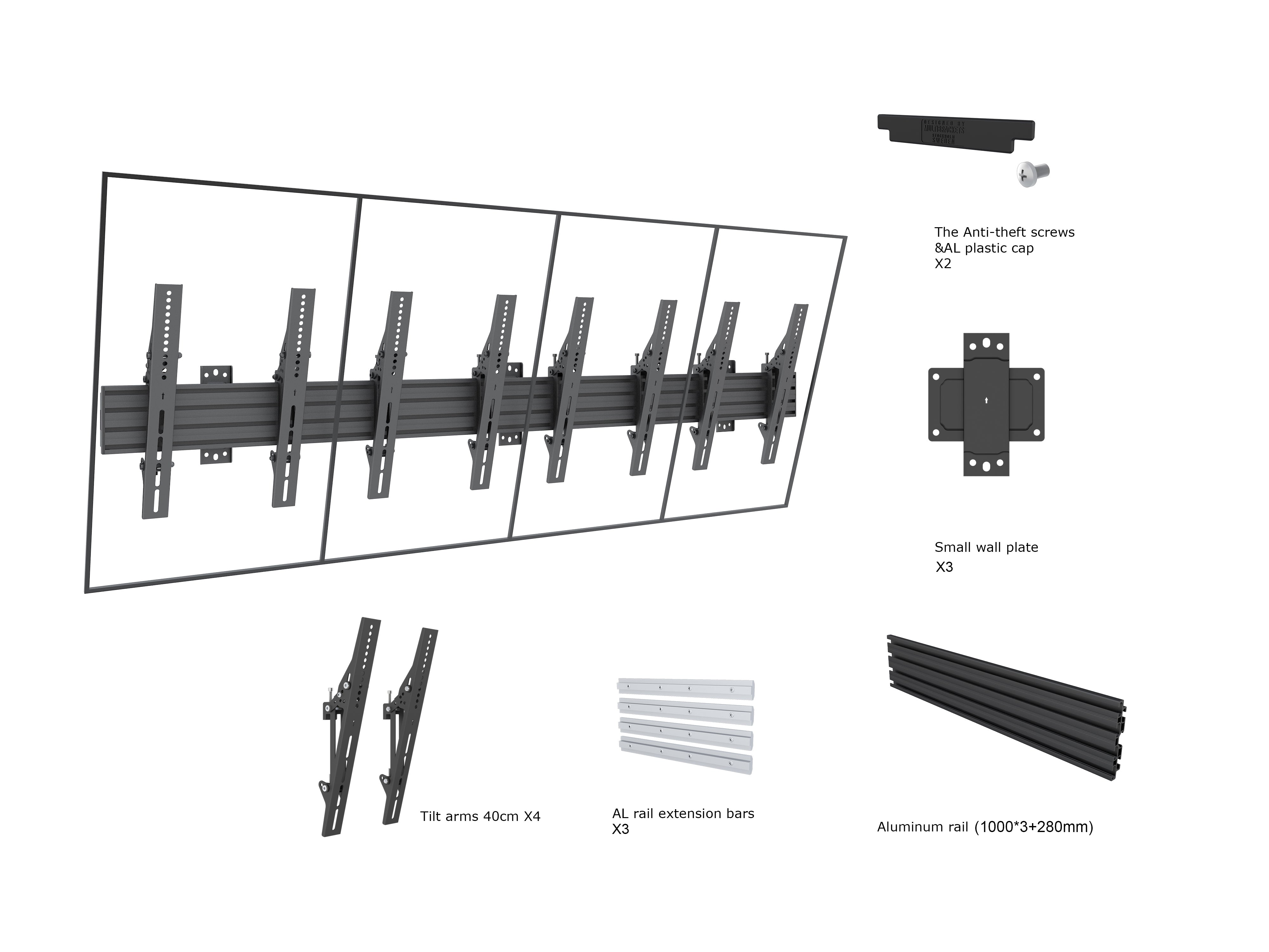 Quad-Screen Menu Board Wall Mount with Tilt Brackets - Portrait
