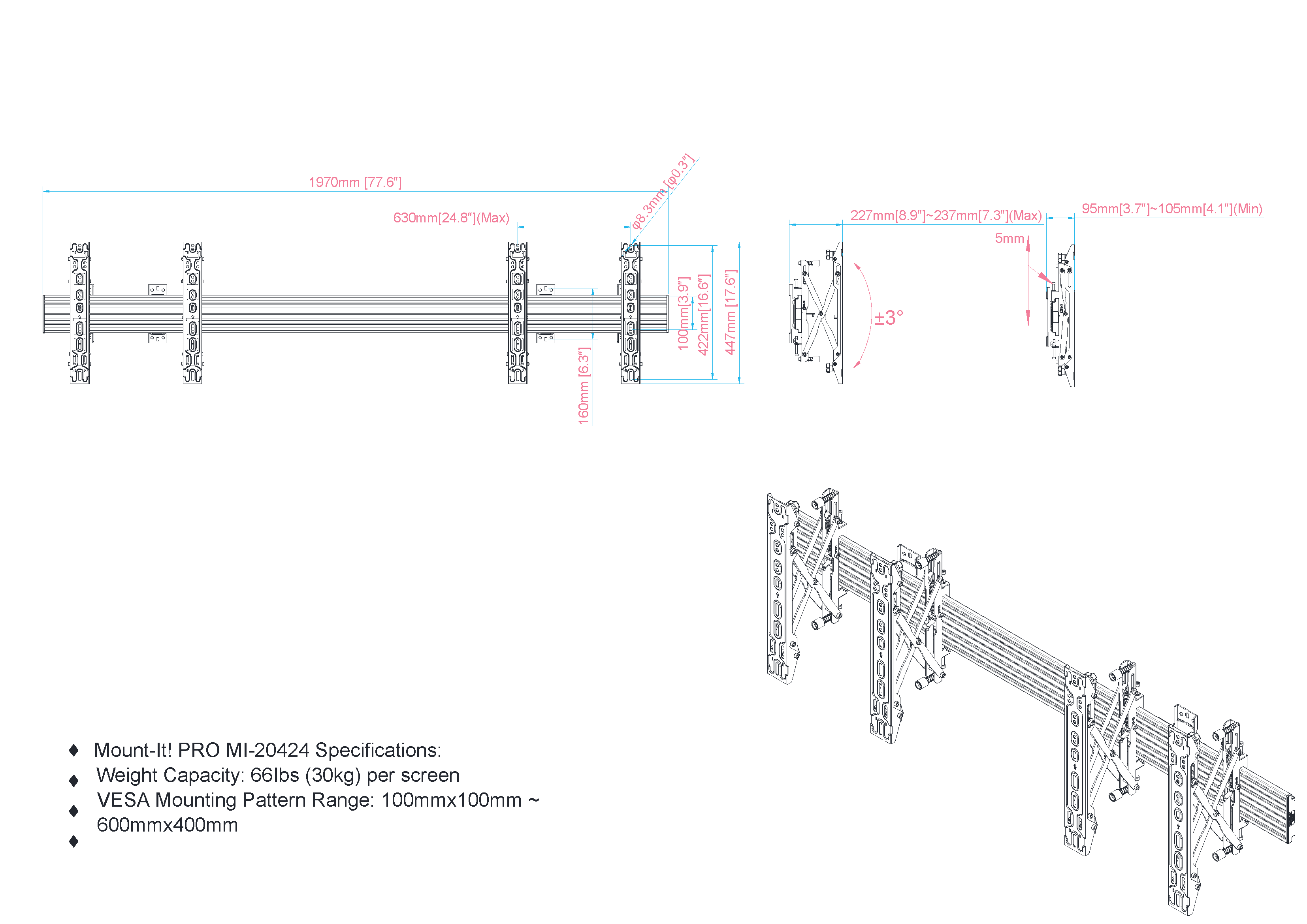 2X1 Video Wall Mount with Push-In, Pop-Out Brackets