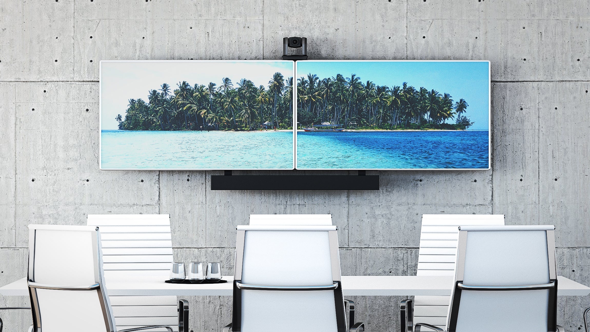 Dual-Screen Video Conference Mount System with Soundbar Mount and Camera Shelf (Up to 90” Screens)
