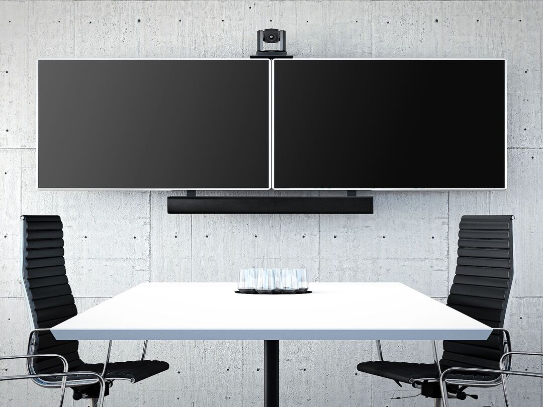 Dual-Screen Video Conference Mount System with Soundbar Mount and Camera Shelf (Up to 90” Screens)