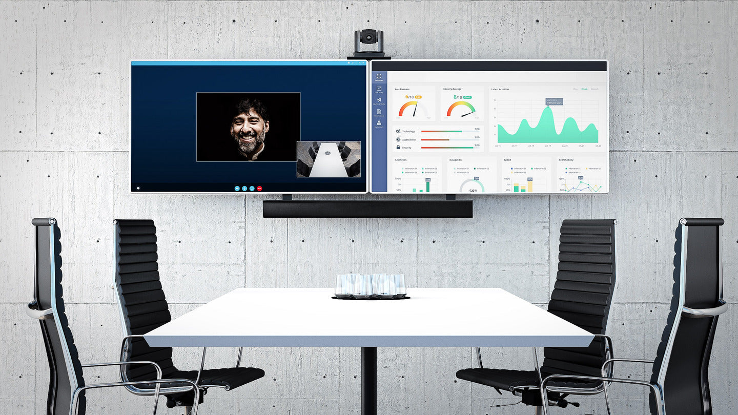 Dual-Screen Video Conference Mount System with Soundbar Mount and Camera Shelf (Up to 90” Screens)