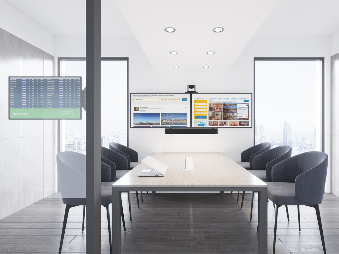 Dual-Screen Video Conference Mount System with Soundbar Mount and Camera Shelf (Up to 90” Screens)